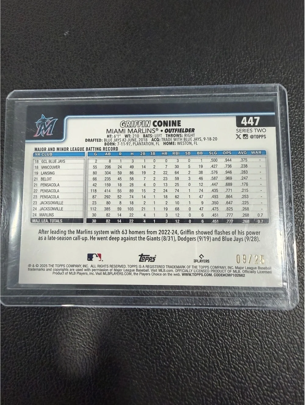 2025 Topps Griffin Conine Orange Foil Rookie Card #447 - Limited 09/25